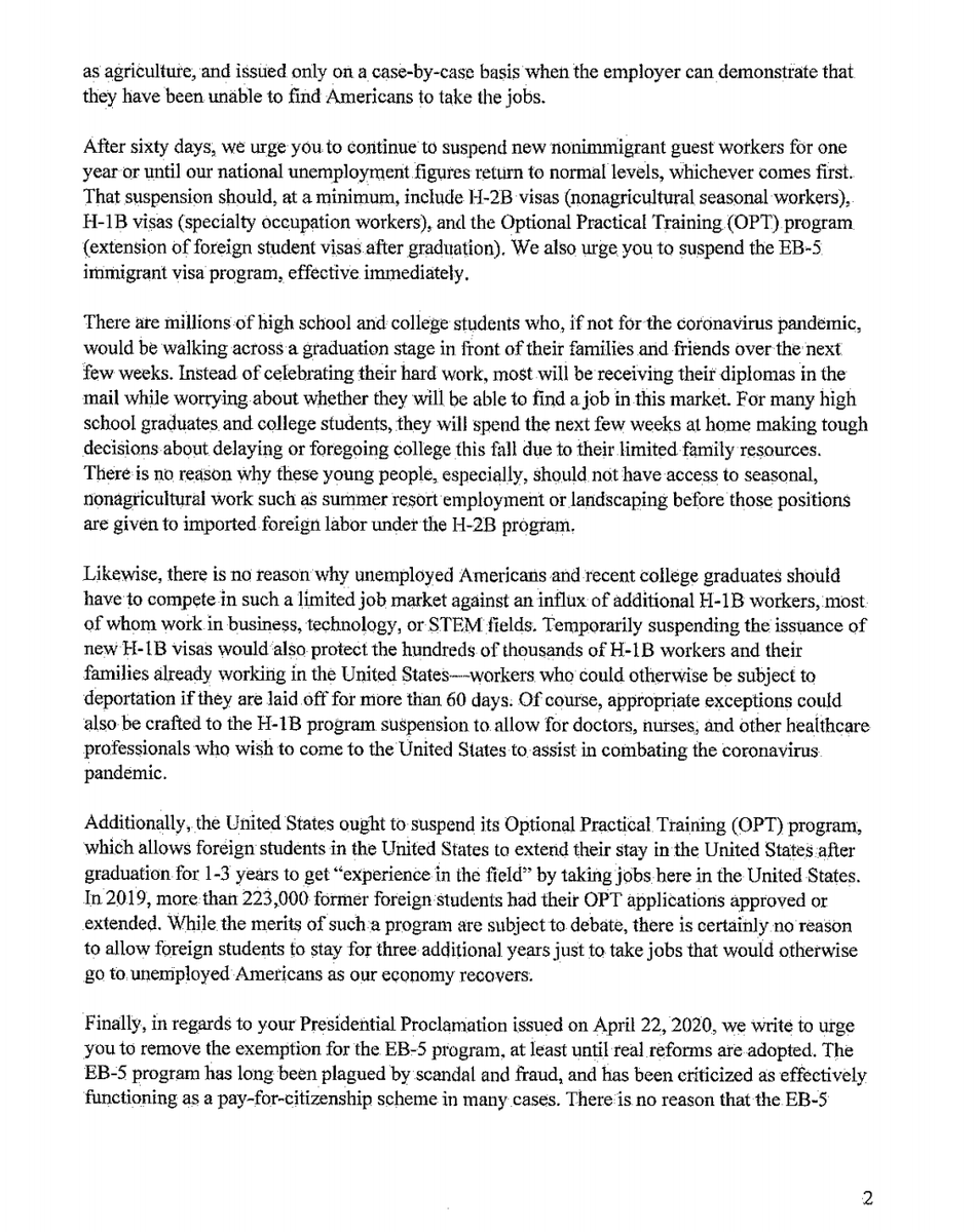 Letter from Senators  @HawleyMO,  @TomCottonAR,  @ChuckGrassley,  @tedcruz:"As we work toward recovery, we urge you to keep the American worker in mind and limit the importation of unnecessary guest workers while American families & businesses get back on their feet."