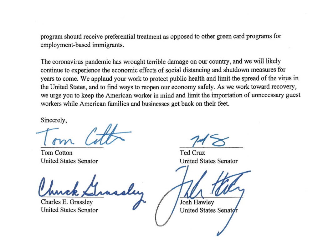 Letter from Senators  @HawleyMO,  @TomCottonAR,  @ChuckGrassley,  @tedcruz:"As we work toward recovery, we urge you to keep the American worker in mind and limit the importation of unnecessary guest workers while American families & businesses get back on their feet."