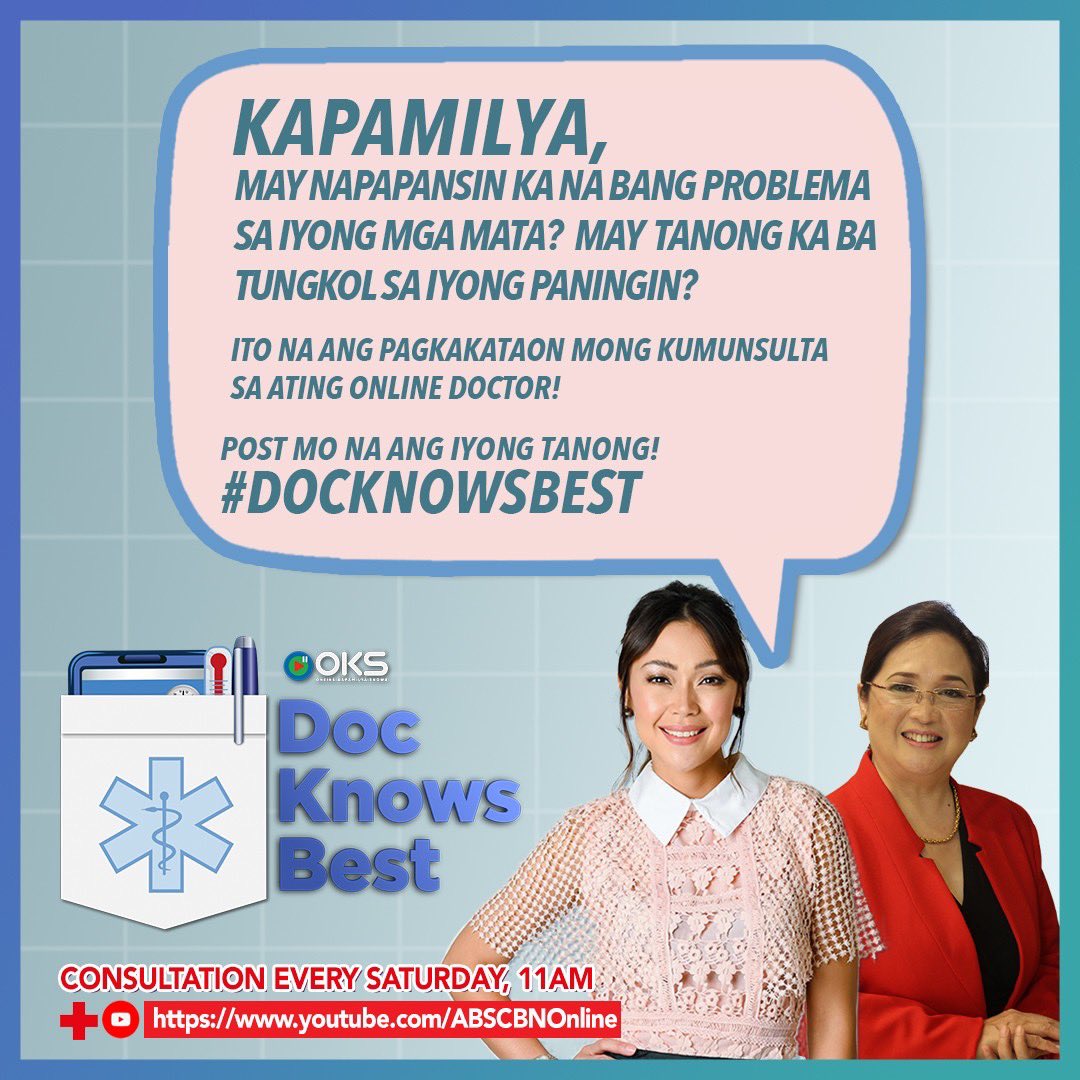 TheBottomlinePH's tweet photo. Kapamilya, may napapansin ka na bang problema sa iyong mga mata? May tanong ka ba tungkol sa iyong paningin?

Ito na ang pagkakataon mong kumunsulta sa ating online doctor! 

Baka ikaw pa mismo ang magtatanong... kasama si Jodi!

#DocKnowsBest @JodiStaMaria https://t.co/t3XLyTeAoV
