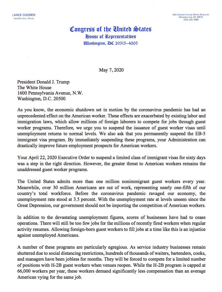 Congressmen  @mattgaetz,  @DrPaulGosar,  @SteveKingIA,  @RepMoBrooks,  @Lancegooden,  @LouieGohmertTX1,  @RepBrianBabin,  @michaelcburgess“With the unemployment rate at levels unseen since the Great Depression, our government should not be importing the competition of American workers”