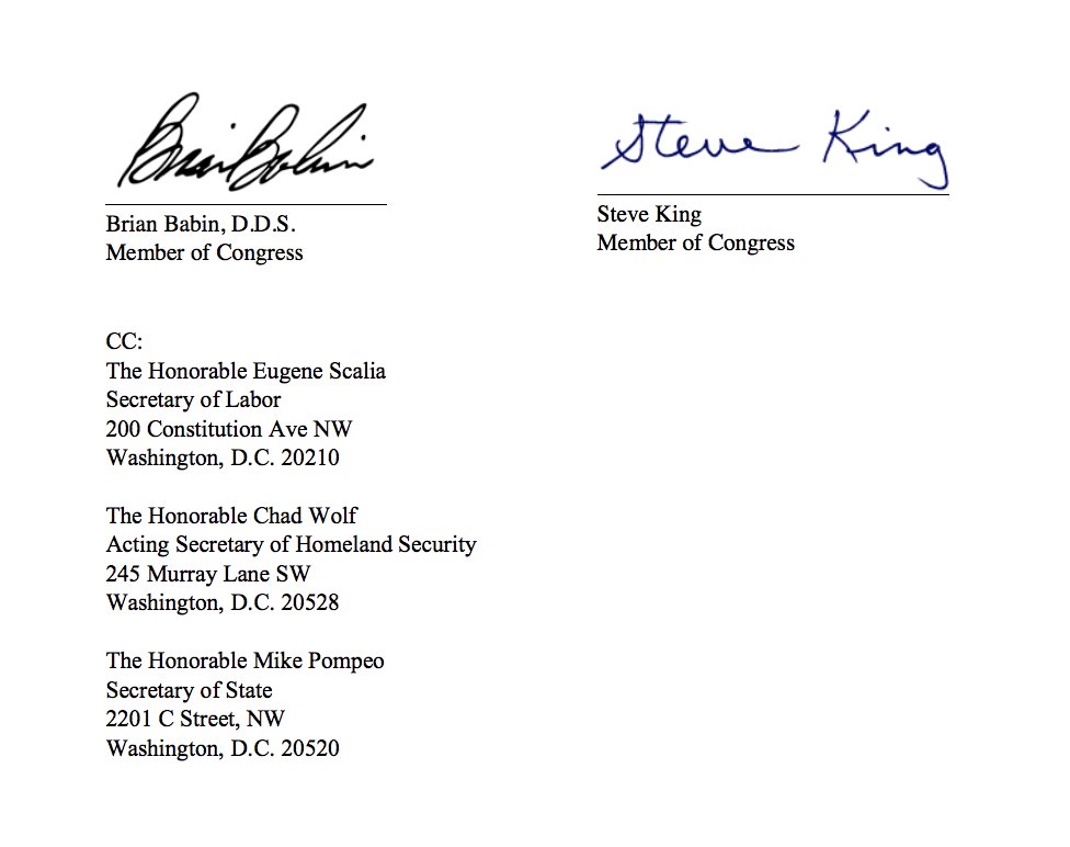 Congressmen  @mattgaetz,  @DrPaulGosar,  @SteveKingIA,  @RepMoBrooks,  @Lancegooden,  @LouieGohmertTX1,  @RepBrianBabin,  @michaelcburgess“With the unemployment rate at levels unseen since the Great Depression, our government should not be importing the competition of American workers”