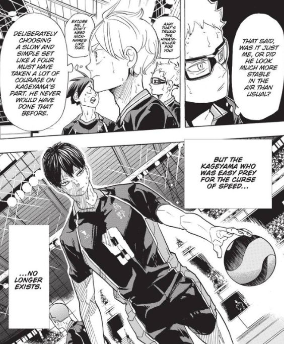 the BIGGEST example of this, one that also ties in with "strength is freedom" is the four toss during the nekoma match! hinata is literally freed from his cage, and kageyama is "no longer a prisoner" to his old self!