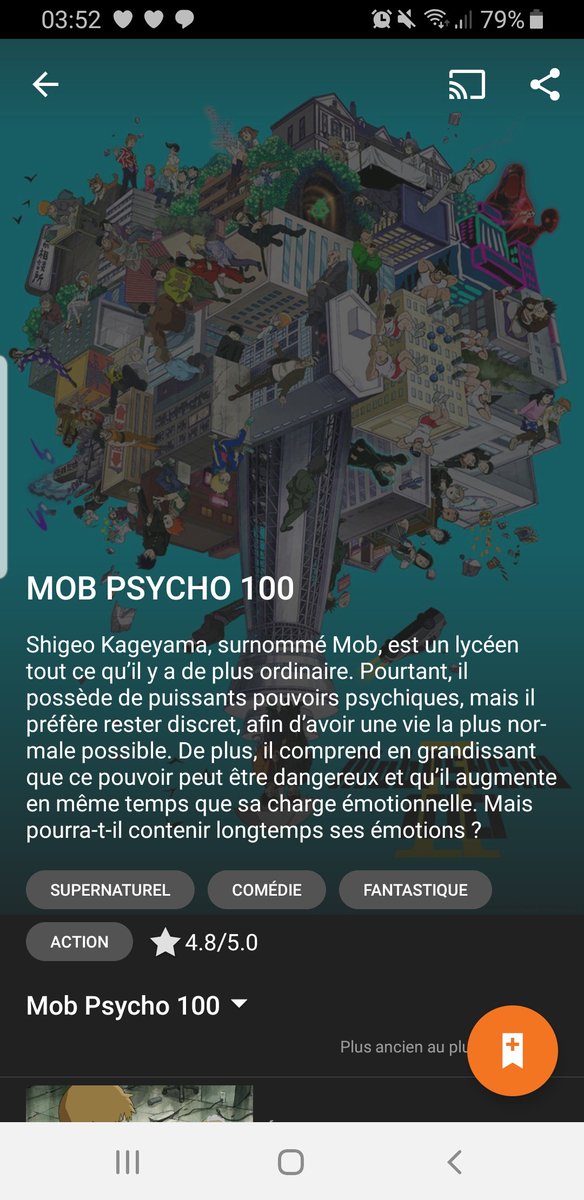 1- Mob Psycho 100 Mon anime préféré juste incroyable l'animation,l'histoire,les combats,les personnages tout est bien y a rien n'a jeter. Y a 2 saison de 12 épisodes chacune et c'est dispo en legal sur crunchyroll
