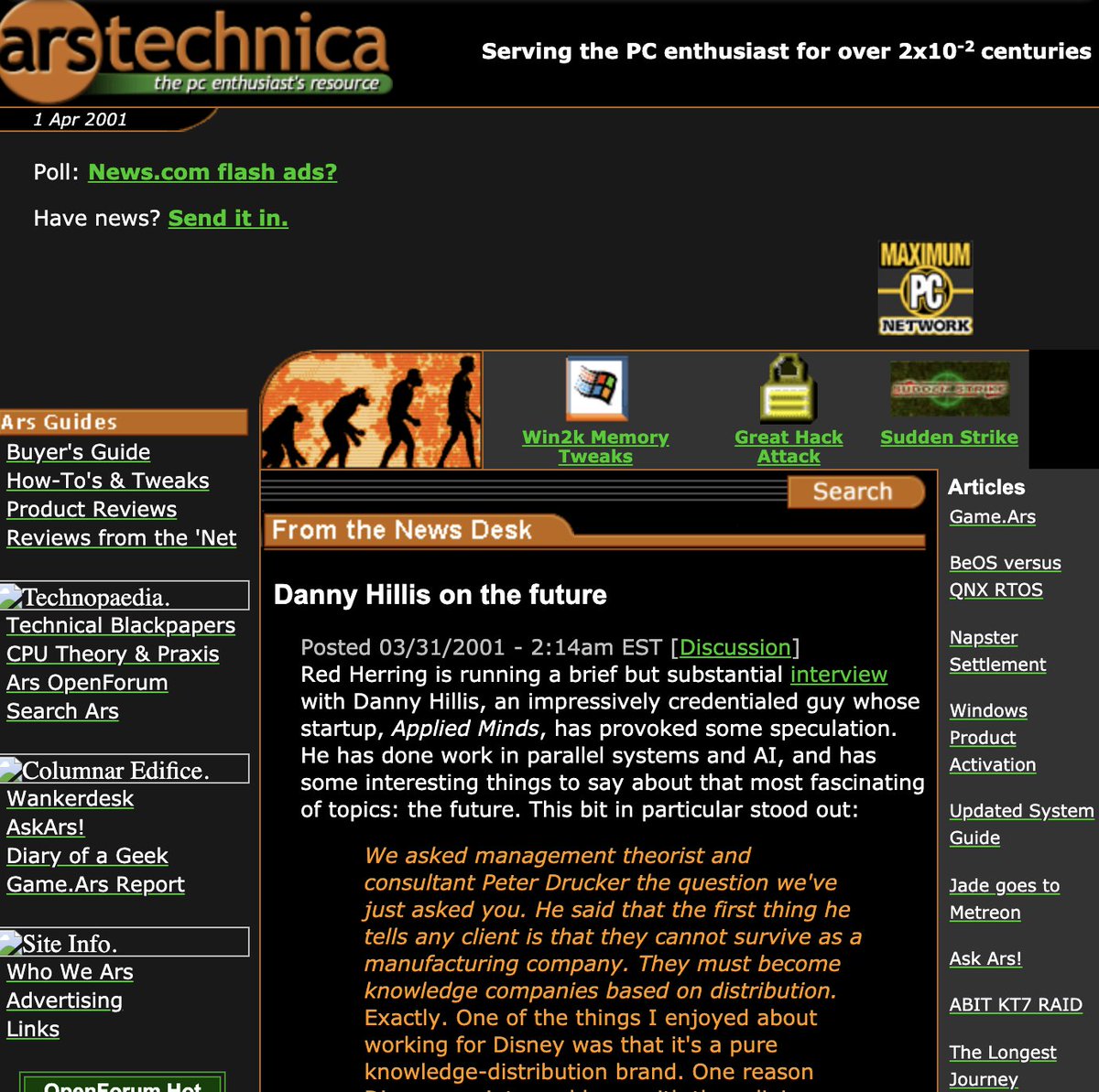 And are people expecting MORE from websites now?Here's arstechnica in 2001 vs today. Today's design has more photos, but it's SIMPLER. And I guarantee you could spruce up the text-heavy 2001 design and launch it today as a "revolutionary" "content-forward" blah blah blah