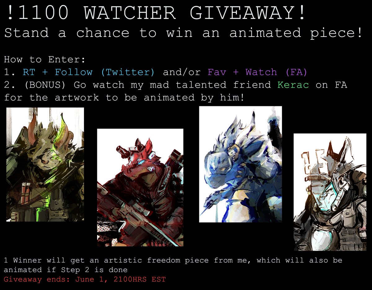 sirspacedragon's tweet photo. 1100 WATCHER GIVEAWAY IS LIVE!
This one's a little special - the winner can have the artwork animated by @kerac_fa! GO WATCH HIM NOW CUS HE GOT SOME COOL ANIMATIONS GOING. Other details are all on the image
Kerac's FA: https://t.co/ObufhsthBr
Enter via FA: https://t.co/DSWVAGEZeN https://t.co/FTHpHNEzM4