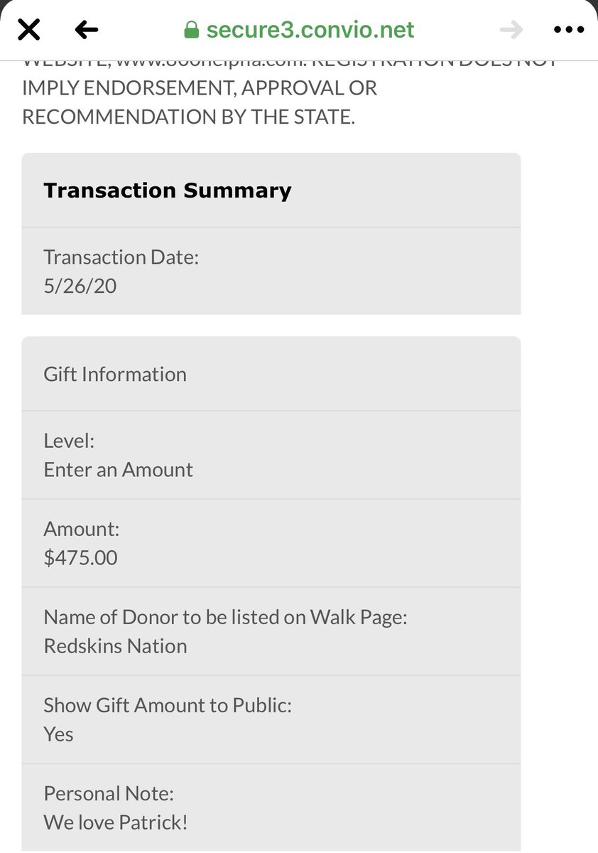 RichCrites's tweet photo. 100% transparency!!! This is the transaction for the $475, in addition to the $1,200 @DEERSnBEERS posted earlier! #RedskinsNation is, hands down, the greatest fan base in the world. Collectively we raised over $2,500 for Patrick!!! #HTTR #GoPatrickGo https://t.co/Ap1I4It685