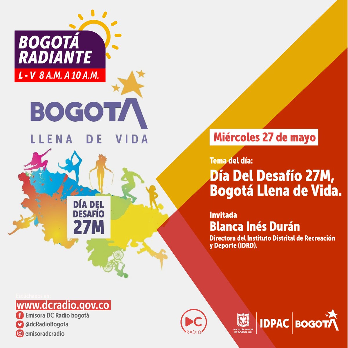 dcRadioBogota's tweet photo. Mañana @blancaduranh, directora del @IDRD, nos hablará del Desafío 27M #BogotaLlenaDeVida. Empieza la mañana informándote desde la 8AM.

🎙️https://t.co/jsB68PKY04 #BogotáRadiante #FelizMiércoles https://t.co/4qthWMJvEb