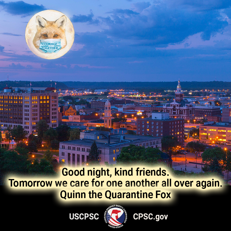 A fox in the moon over Dubuque, Iowa. The text reads: goodnight kind friends. Tomorrow we care for one another all over again. - quinn the quarantine fox.