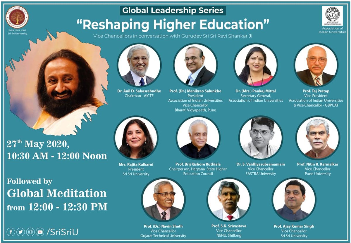 IISUniversity's tweet photo. Global Leadership Series: "Reshaping Higher Education" powered by Global Meditation.
#meditation #highereducation #reshaping #globalmeditation #leadership #webinar #vcmeet #ravishankar #shrishriu https://t.co/3WQgap6KCk