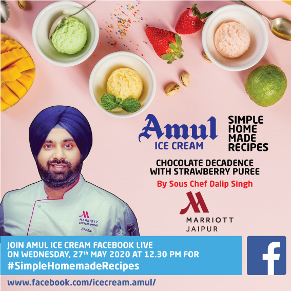 Amul_Coop's tweet photo. Join #Amul Facebook Live at 12:30 pm today for
#SimpleHomemadeRecipes by Chef Dalip Singh, Sous Chef, Jaipur Marriott Hotel
#Chef Dalip will show to make Chocolate Cecadence with Strawberry Puree
https://t.co/brT3vhb3t8…
#MastersofMarriott https://t.co/Ii0uZujLEf