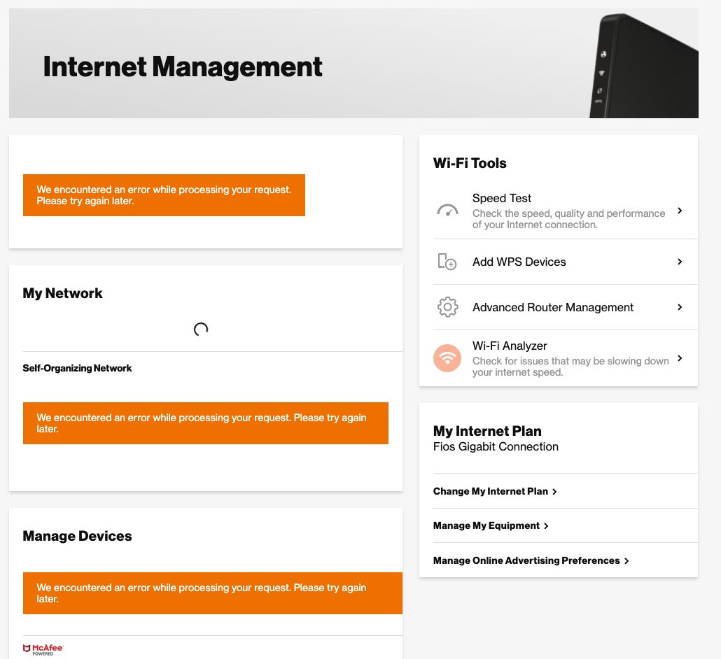stevehshin's tweet photo. @verizonfios I've been running into this issue on my Internet Management page when logged in for a couple weeks now. I've tried in multiple browsers, incognito, and on my phone. Nothing. https://t.co/RiqAk15wkG