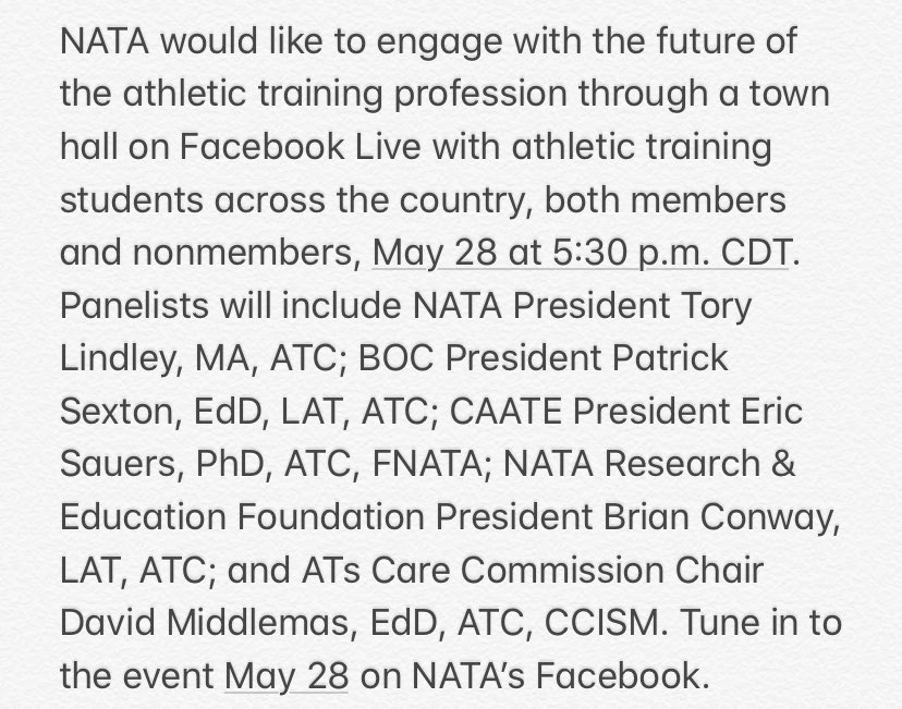 NATA Student Leadership Committee Hosts Student Virtual Town Hall May 28!!
