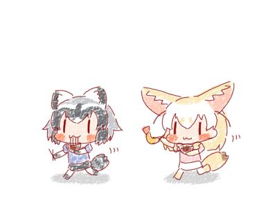 アライグマ(けものフレンズ) ,フェネック(けものフレンズ) 「アライさーん、おそばの中に大きいえび天がはいってたよー
#15分アライさん 」|🍮青犬㍑㌍🍩のイラスト