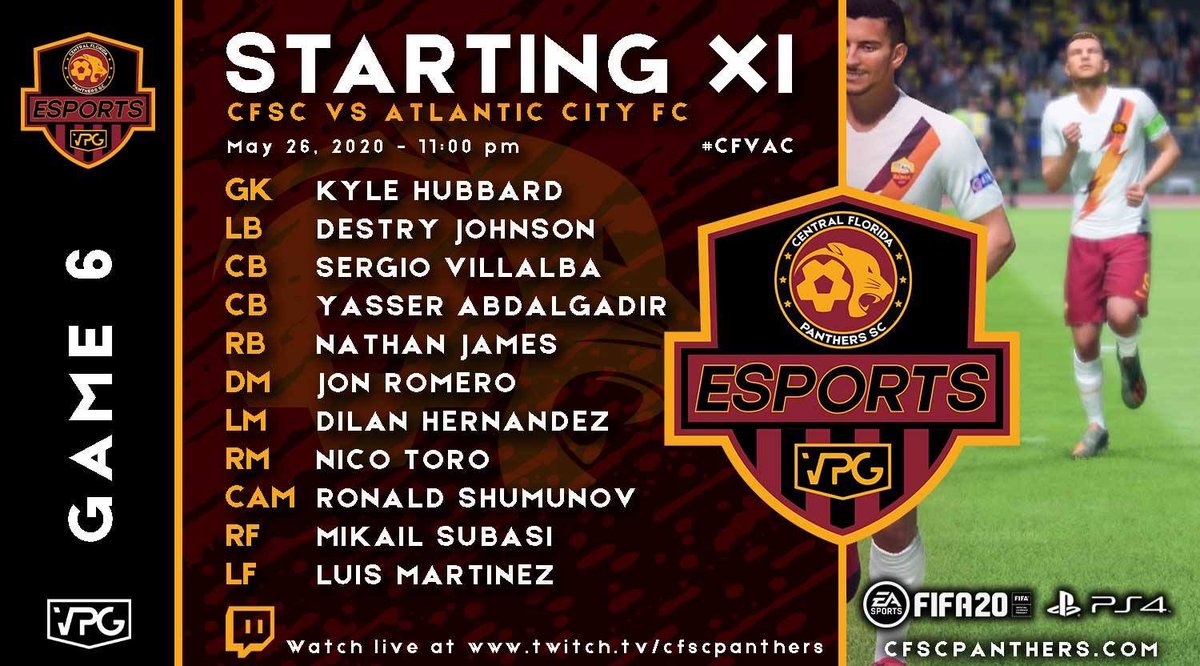 CfscPanthers's tweet photo. After a very difficult first game in which we tied @fcbuffalo 2-2 we are getting ready for our second top #eNPSL match of the evening vs @atlanticcityfc Forza Panthers! Here is tonight’s Starting XI vs Atlantic City. 

#eNPSL #ESPORTS #FIFA20 #cfvbuf #cfvac #cfscpanthers #orlando https://t.co/5k6EBCEQ4S