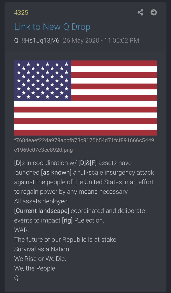 4325-[D]s in coordination w/ [D]&[F] assets have launched -All assets deployed. [Current landscape] coordinated and deliberate events to impact [rig] P_election.WAR.The future of our Republic is at stake.Survival as a Nation.We Rise or We Die.We, the People.Q