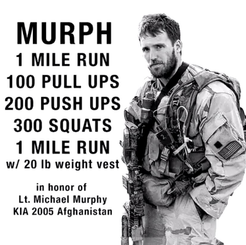 SueTranchina's tweet photo. Post #MURPH2020
🇺🇸 🇺🇸 🇺🇸 
1 Mile Run
100 Pull Ups
200 Push Ups
300 Squats
1 Mile Run
🇺🇸 🇺🇸 🇺🇸 
(Skipped the vest)

In honor of Lt. Michael Murphy

Memorial Day is a day to remember the heroes we have lost while they were fighting for the freedom we have. 
Take the @MurphChallenge https://t.co/QiNS2RuofZ