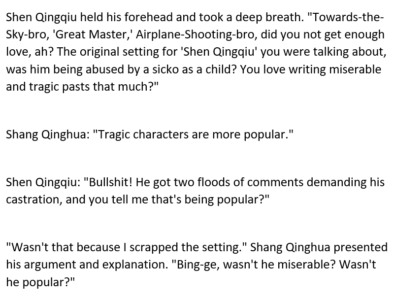 In fact, SQH can understand so little, he tries to contextualize SQQ's emotions, as of that of a "fan's." Instead of someone who genuinely loves and mourns LBH as human being. This is in ch 30. Now fast-forward 47 chapters, and what does SQH say?