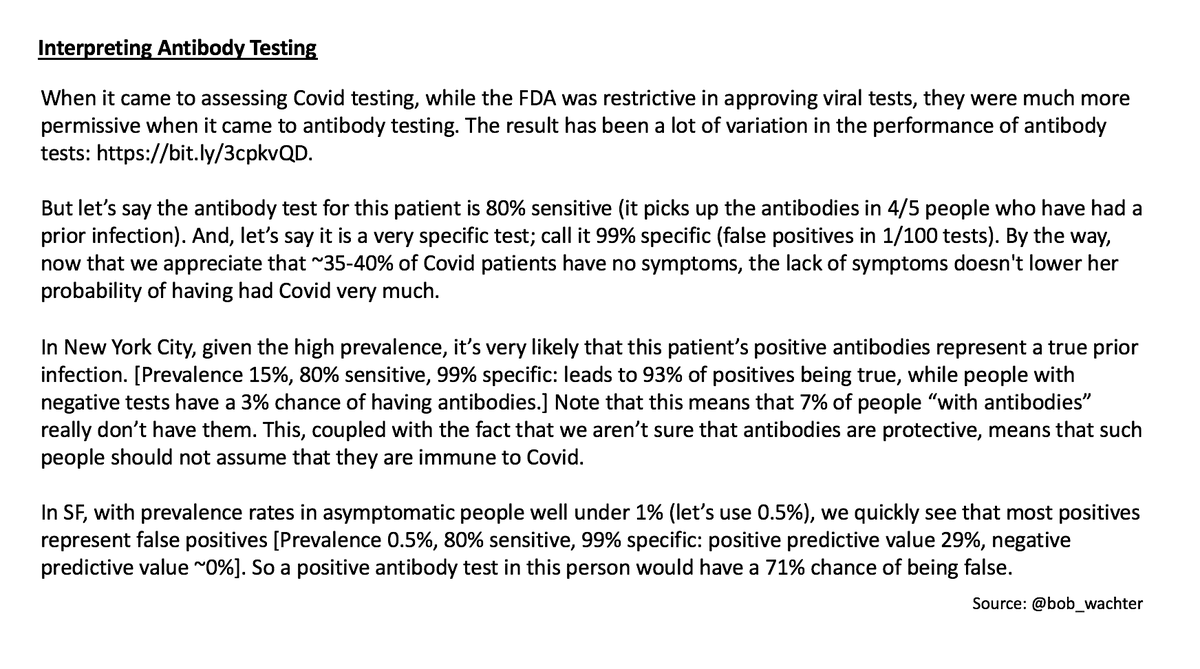 19/ Antibody testing introduces its own twists & turns – it’s crucial to channel the Reverend Bayes to make the right call. In the panel below, I show that if this woman is in low-prevalence San Francisco, there would be a ~71% chance that her antibody result is a false positive.