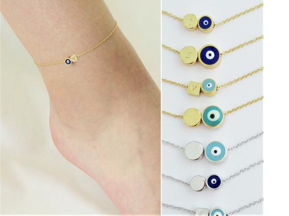 Personalized anklet with initial, Evil Eye Anklet gold, Engraved bracelet / A802 precious.ly/pin.php?id=564…