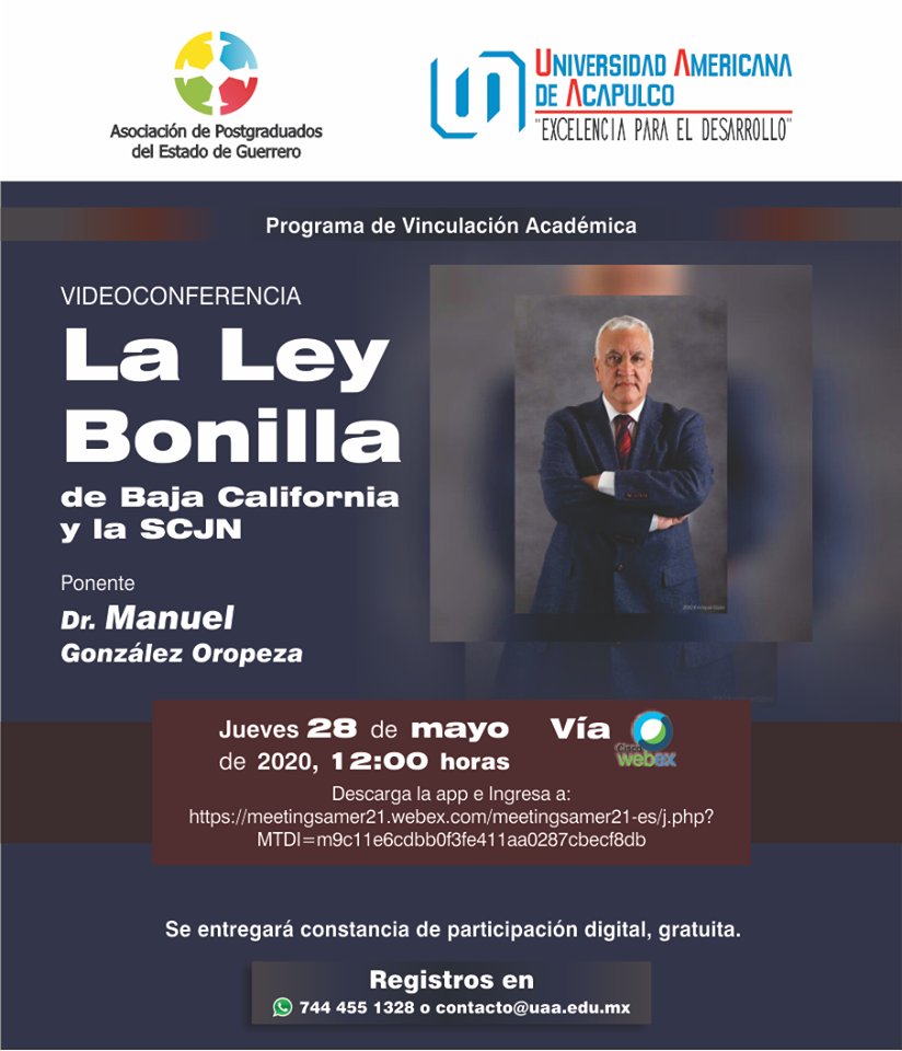 UAmericanaAca's tweet photo. Acompáñanos a la videoconferencia "LA LEY BONILLA DE BAJA CALIFORNIA Y LA SCJN" por el Dr. Manuel González Oropeza, este jueves 28 de mayo, en punto de las 12:00 pm (hora CDMX)

Vía Cisco Webex, descarga la app e ingresa a:
https://t.co/Vn2ai08wA6 https://t.co/4gRCffmWSb