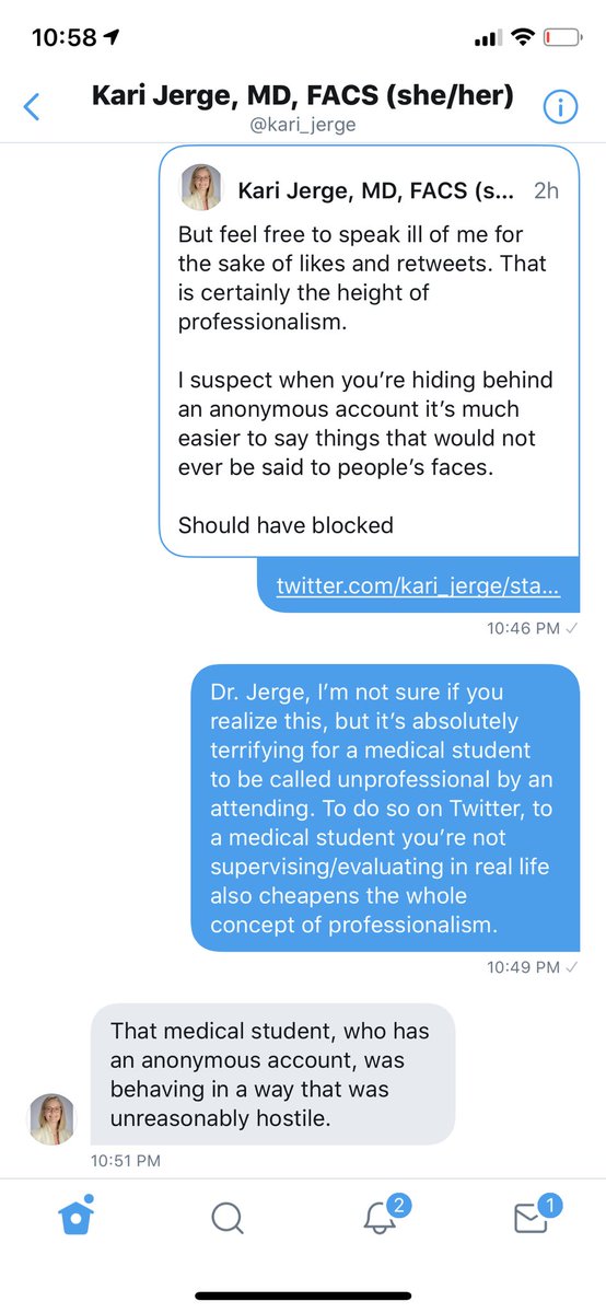 3. So, I’m asking other attendings to please reach out to her. It appears that she is unwilling to tolerate any critique of her conduct from a medical trainee. But perhaps she will listen to another attending like herself.Here are the screen caps of our DMs, for your reference.
