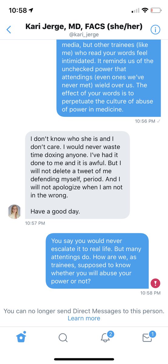 3. So, I’m asking other attendings to please reach out to her. It appears that she is unwilling to tolerate any critique of her conduct from a medical trainee. But perhaps she will listen to another attending like herself.Here are the screen caps of our DMs, for your reference.