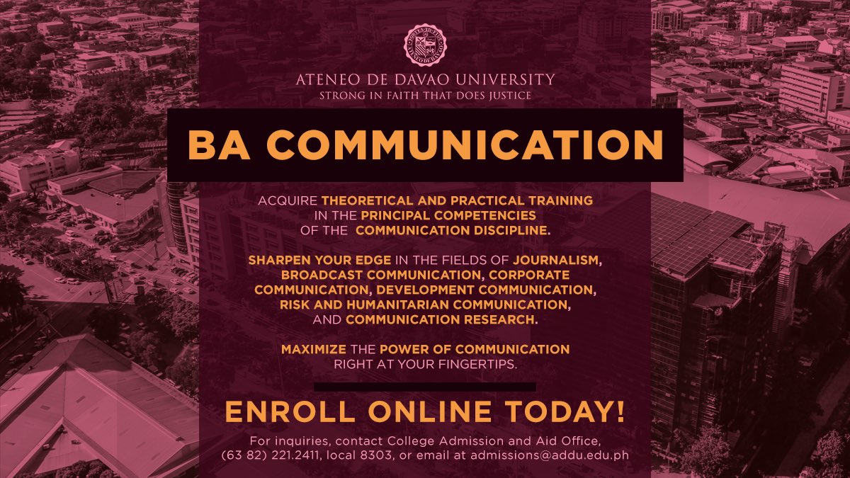 ADDU_Official's tweet photo. ENROLL NOW | Acquire theoretical and practical training in the principal competencies of the communication discipline. Maximize the power of communication right at your fingertips.

#AdDUOnline
#ChooseAdDU https://t.co/3wp8Jzm6os