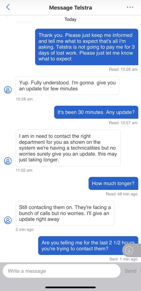 surihere's tweet photo. @Telstra I have been on #livechat for the last #3hours again today.

All I get is "I'll update you soon" https://t.co/zJRCMJZPyo