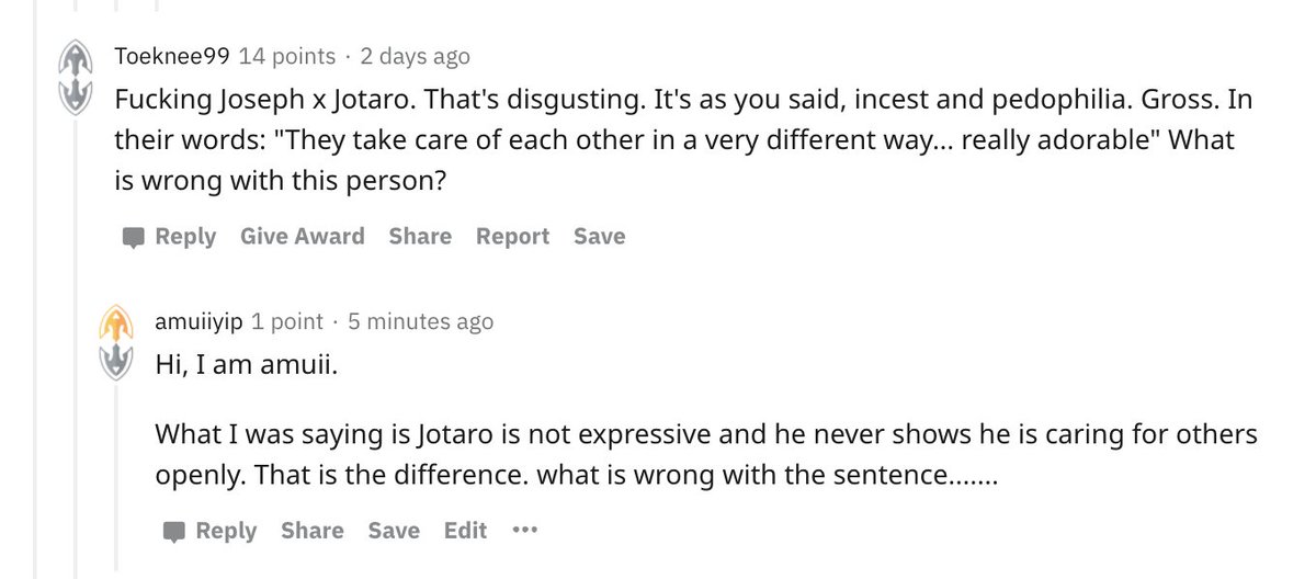 Someone DM me saying that I am mentioned on Reddit. So here I am. Fyi, I stand Jotaro top. Don't get the order wrong please thanks. And trust me, no pedo would ever target a child that looks like a 30 yrs bodybuilding like jotaro. https://www.reddit.com/r/StardustCrusaders/comments/gpogrv/fanart_some_really_nice_giorno_fanart/