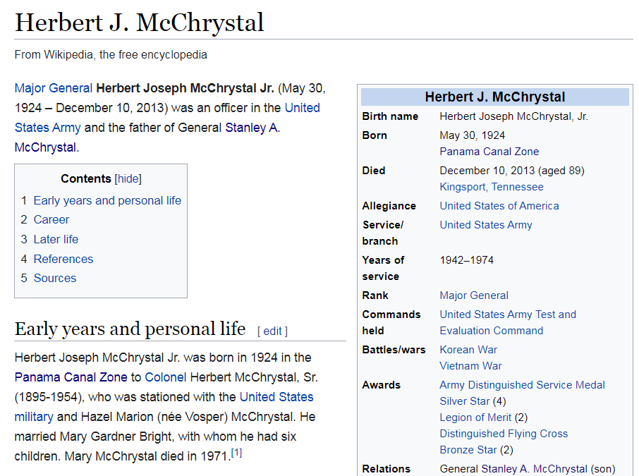 2/ Herbert J. McChrystal Jr. served during WWII, Korean War, and Vietnam. Interestingly, Jr. was born in the Panama Canal Zone just like NoName. Small world, huh? Wiki Source  https://en.wikipedia.org/wiki/Herbert_J._McChrystal