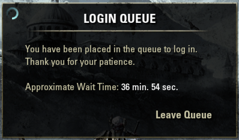 kyletolle's tweet photo. @TESOnline I spent over 3 hours with the login queue saying it had 36 m 54s left. The time never changed at all either. Eventually I just gave up and left queue. Disappointing to miss a day for the login rewards and my ESO+ subscription was unusable for a chapter I didn't even purchase. https://t.co/44NQN3Hz83