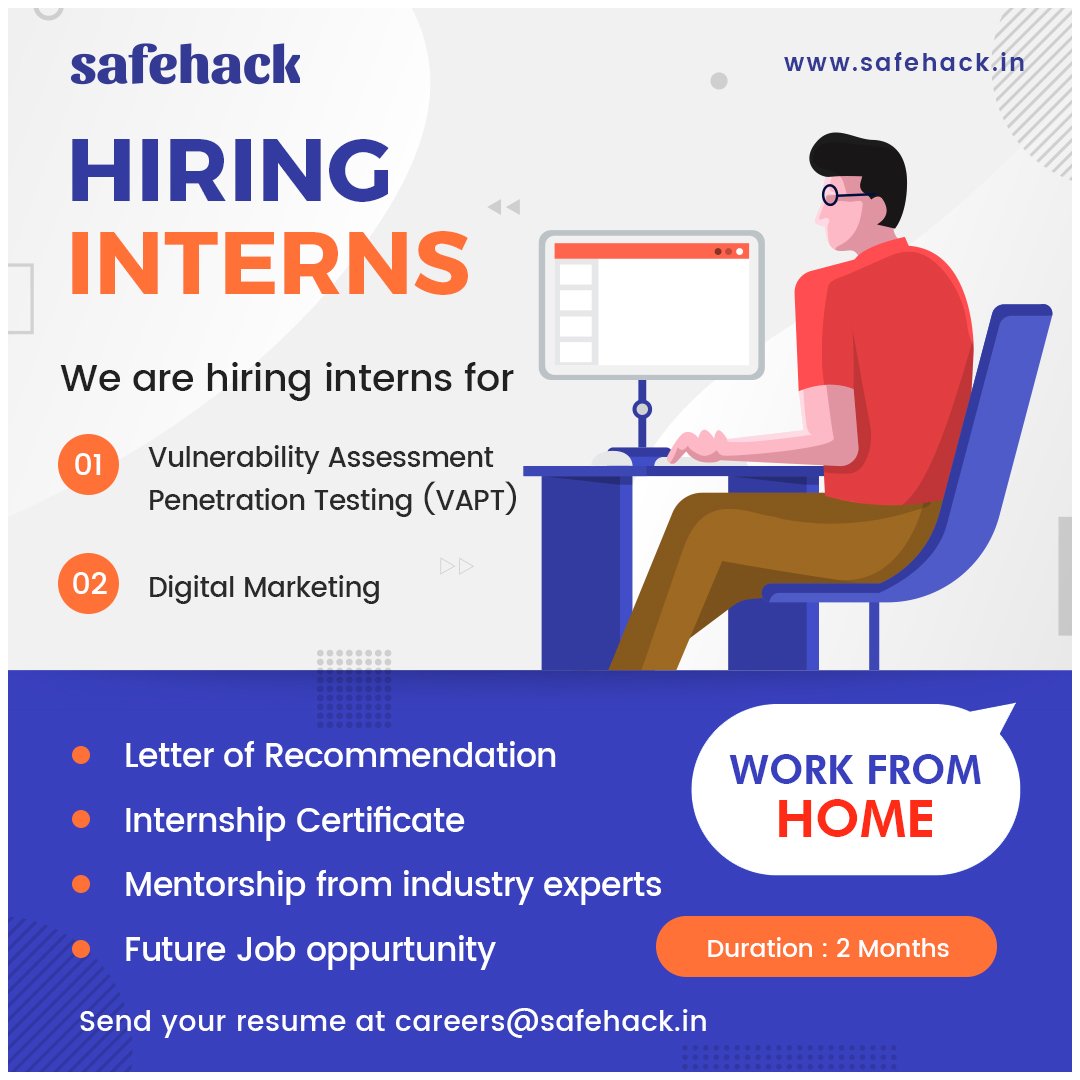 Safehack On Twitter Hiring Interns We Are Hiring Interns For 1 Vulnerability Assessment Penetration Testing Vapt 2 Digital Marketing Send Your Resume At Careers Safehack In Careers Infosec Cybersecurity Vulnerability Bugbounty