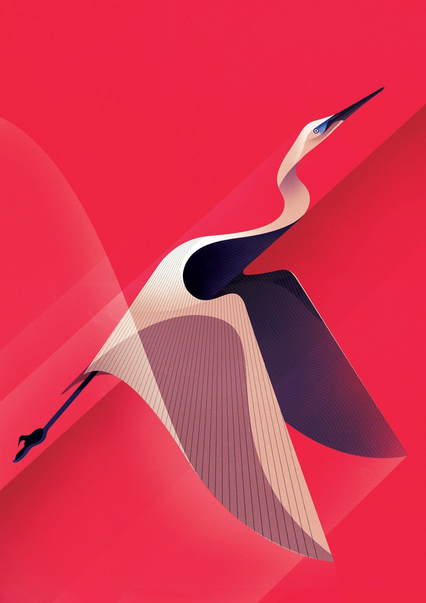 digital illustration created in photoshop depicting crane flying upward with red background