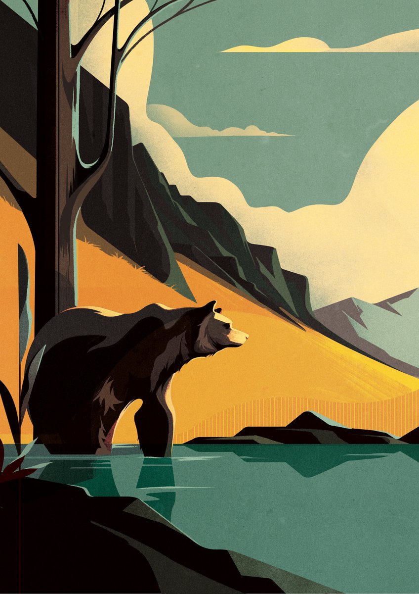 digital illustration created in photoshop depicting a grizzly bear wading across blue stream with golden tall grass in the background sloping up to a steep mountainside
