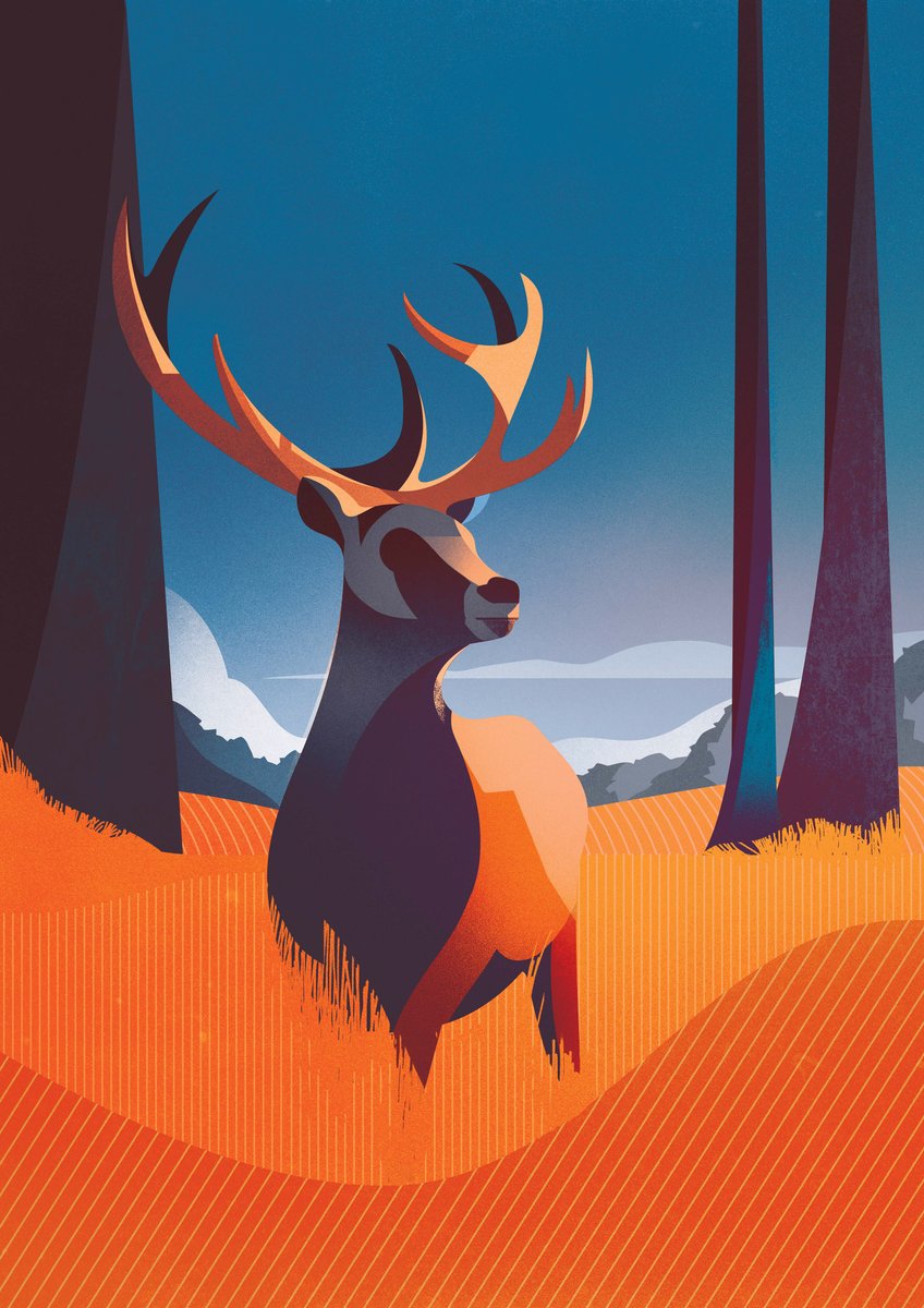 digital illustration created in photoshop depicting majestic buck with antlers standing in golden field with trees framing the scene and mountains beneath blue sky in the background