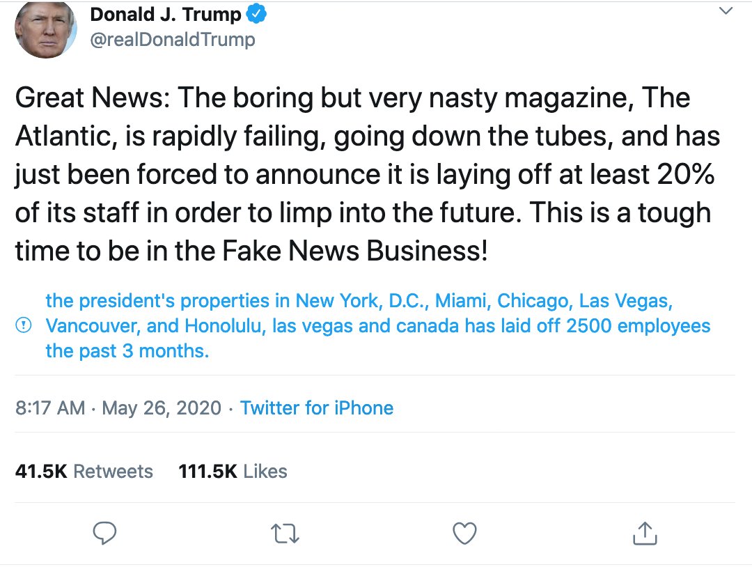 4/ Trump criticizing businesses who had to layoff employees as a sign of mismanagement, bad product, and of course attacking the press as fake news.