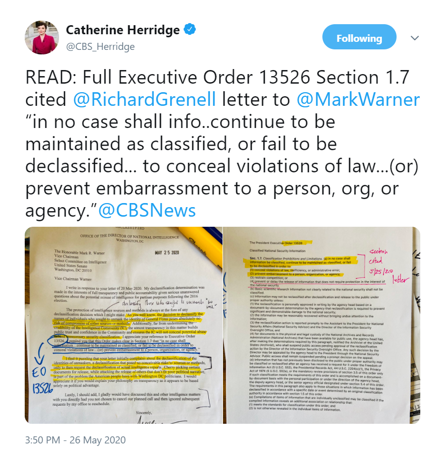2) Catherine Herridge tweeted  @RichardGrenell's response to Mark Warner's concerns about  #Obamagate documents being declassified and made public. https://twitter.com/cbs_herridge/status/1265415132450115584