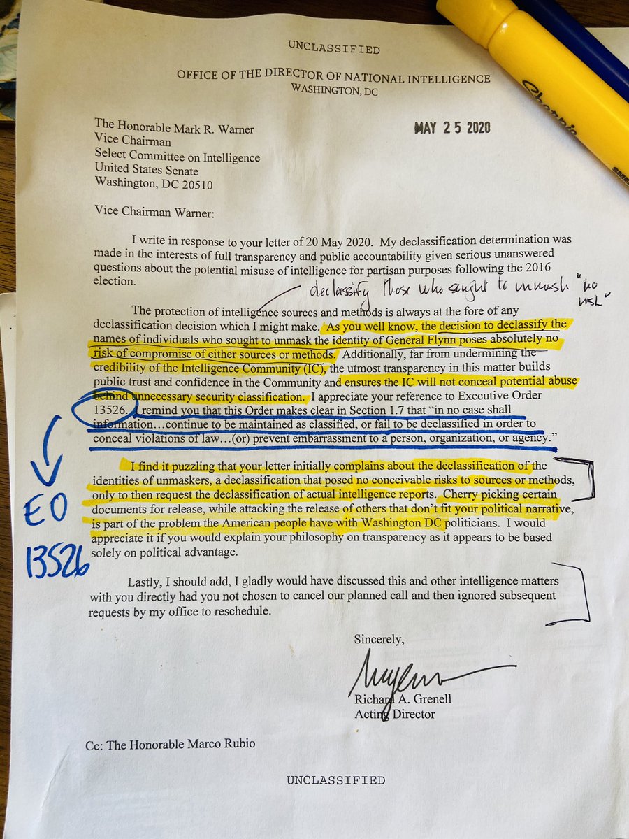 3) Grenell cited Executive Order 13526 Section 1.7 which specifies that documents may not remain classified to conceal violations of the law or prevent embarrassment to a person, organization, or agency.