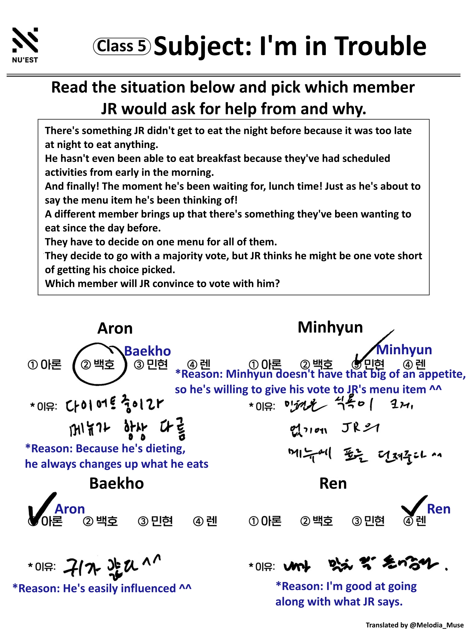 Jee Nu Est English Translations Translation Nu Week Todayssituation Jr Class 5 Subject Im In Trouble Question 뉴이스트 Nuest