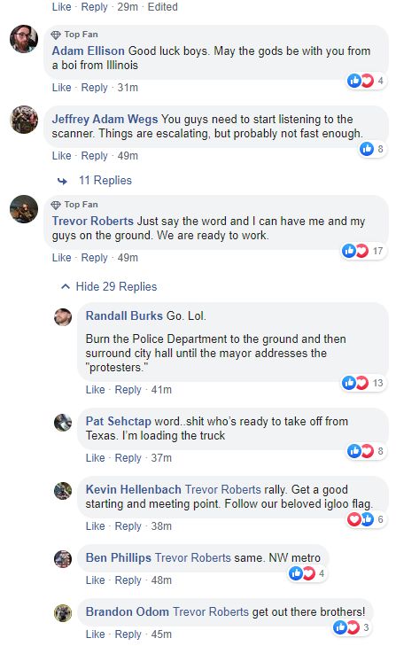 Boogaloo Facebook is VERY much paying attention. Here we see one man claiming he has a group of men he can get "on the ground". He asks for someone to "Say the word". In general a lot of folks wondering who is actually in charge.