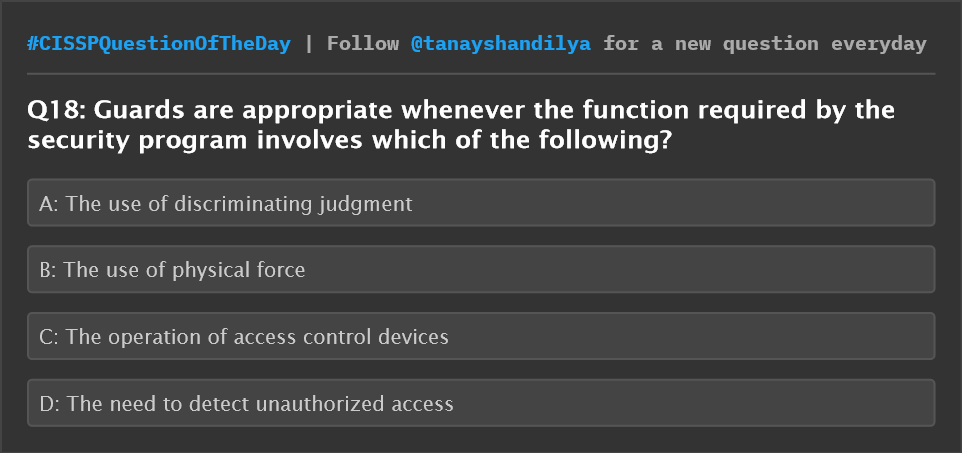 tanayshandilya's tweet photo. CISSP Question of the day
#CISSPQuestionOfTheDay #cissp #cisspprep #cisspexam #cisspcertification #cybersecurity #informationsecurity #comptia #azure #securityplus #isaca #accessmanagement #securitycheck #implementer https://t.co/tRoiMRysKy