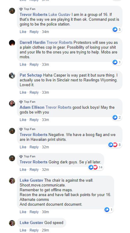 Alright, I seem to have located the Boogaloo Boy with the flag. He claims to be part of a group of sixteen who attended the protest. One commenter urges them to "shoot, move, communicate".