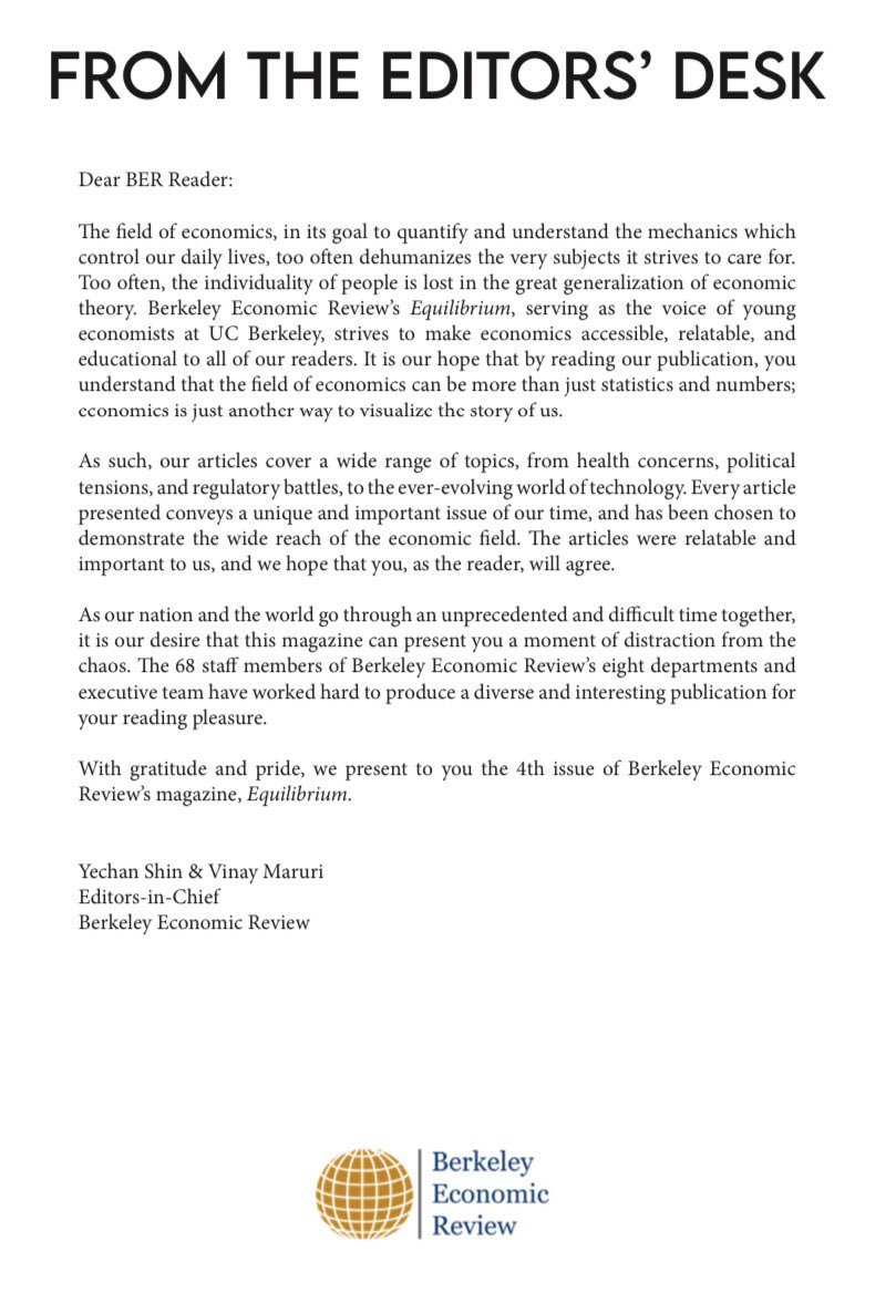 berkeleyeconrev's tweet photo. A letter from our Editors-in-Chief found in our latest issue of Equilibrium. 
https://t.co/V36aqLmVOh
#Berkeley #economics https://t.co/ZILL1l5gLJ