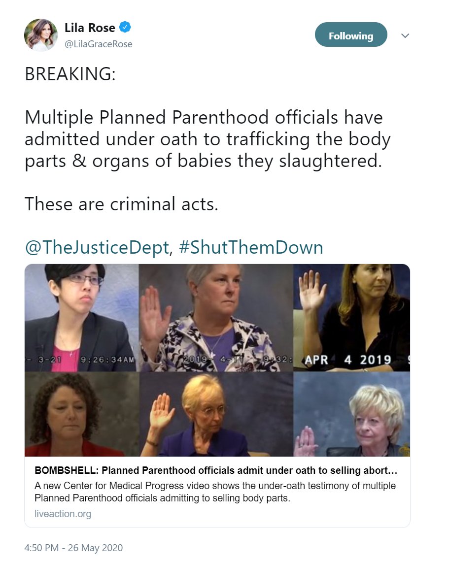 7)  @LilaGraceRose was Q'd for this tweet about Planned Parenthood employees who swore under oath that they sold body parts and organs from aborted babies.