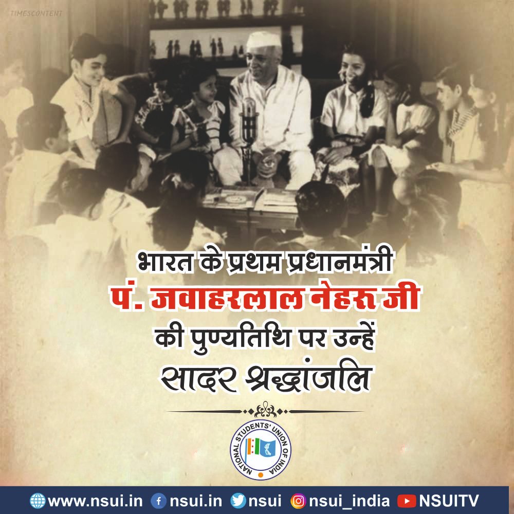 nsui's tweet photo. Tribute to the architect of modern India, the first Prime Minister of India, Bharat Ratna Pandit Jawaharlal Nehru ji on his death anniversary.
Pt. Nehru took the initiative of building strong &amp; self-reliant india #ThankyouNehruji https://t.co/xj0Fnrfg6W