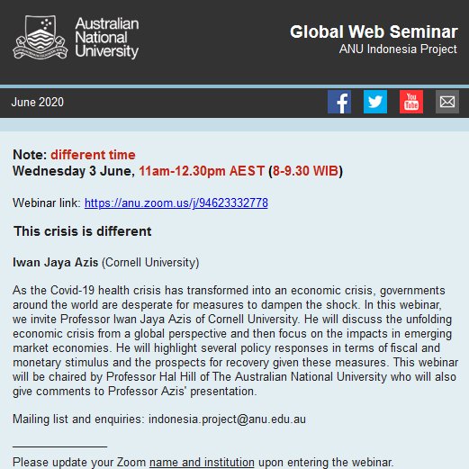 Next #IndoGlobal webinar: Professor Iwan Jaya Azis of @Cornell will discuss the unfolding economic crisis due to #COVID19 focusing on the impacts in emerging market economies and highlighting several policy responses in terms of fiscal and monetary stimulus. Wed, 3 June 8am.