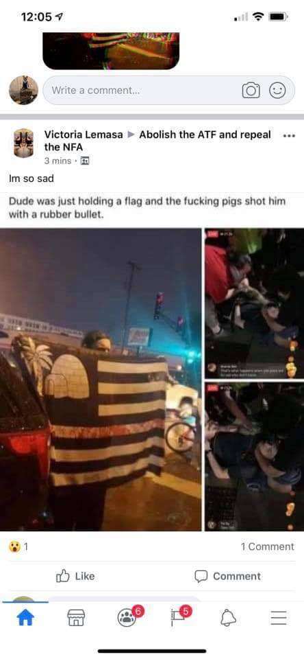 Oh boy I'm running into claims ( https://twitter.com/matcha_chai/status/1265495537656254469?s=21) that the boogaloo boy with the flag was shot by a police rubber bullet.