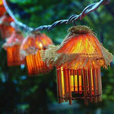 Outdoor lighting is necessary for late night relaxing. 1. Verdigris Palm Torches2. Tiki Hut String Lights3. Solar Flower Bulbs4. Crystal Mason Jar Chandelier