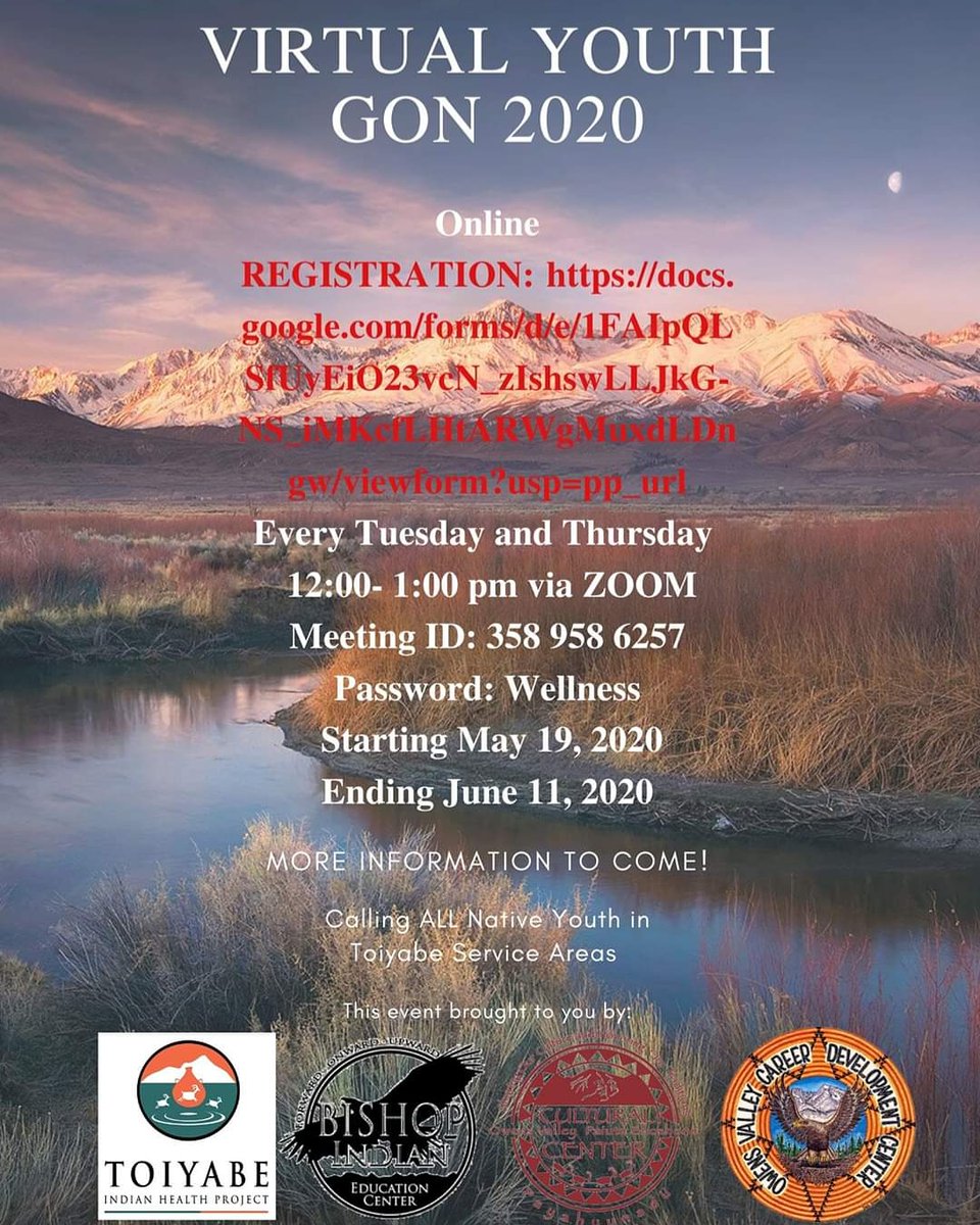 OVPSCCenter's tweet photo. Manahuu! 
The registration for the virtual Toiyabe Youth GON has officially opened. All youth ages 11-25 are welcomed to participate! Follow the link below to register &amp; find out more details. Questions call (760) 873-6394
https://t.co/skDZ183jFo https://t.co/8aDFopAhpe