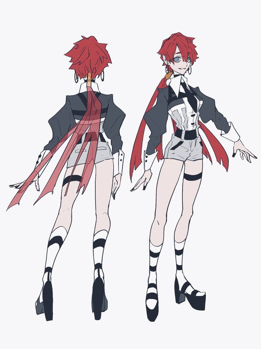 1girl red hair black nails shorts long hair multiple views black footwear  illustration images